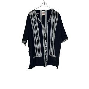 Giras Men Shirt Vintage Tunic Front Pockets Short Sleeve Embroidered Collared 3L